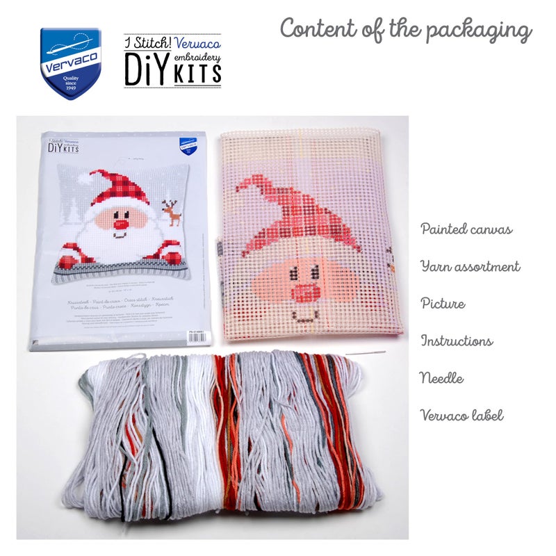 Vervaco Cross Stitch Christmas Pillow Kit Santa Joy DIY Home Decor Stamped Embroidery Chunky Cross Stitch Cushion Craft Supplies ca. 16" x 16" Needlepoint Kits for Adults Creative Gift - Image 4